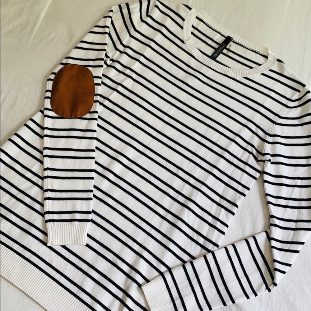 Black and White Striped Sweater with Elbow Pads